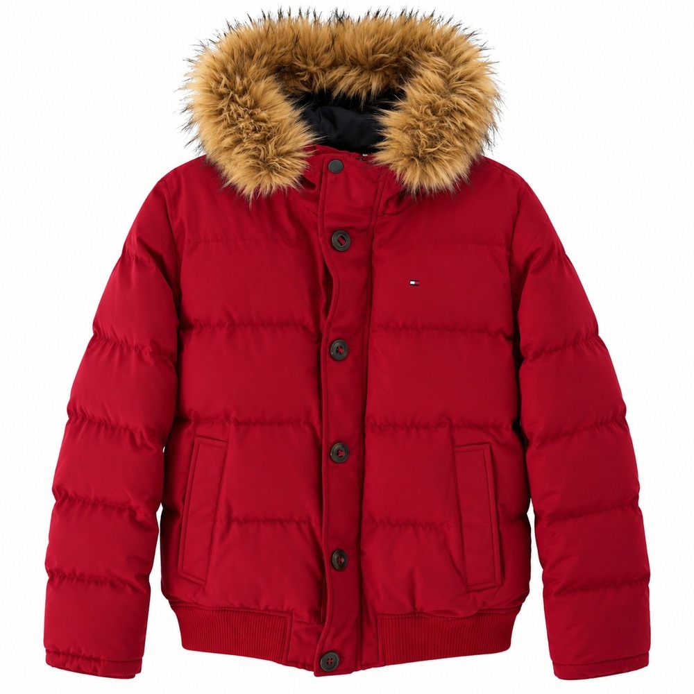 Tommy Hilfiger Mens XL Red Puffer Jacket Faux Fur Hood Winter Coat